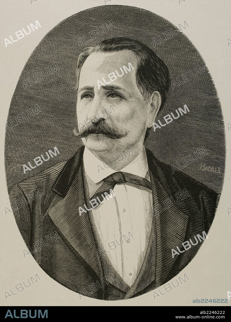 EUSEBIO LILLO ROBLES (1826-1910). Político, poeta y periodista chileno. Autor del Himno nacional de Chile. Grabado por Paris. "La Ilustración Española y Americana", año 1875.