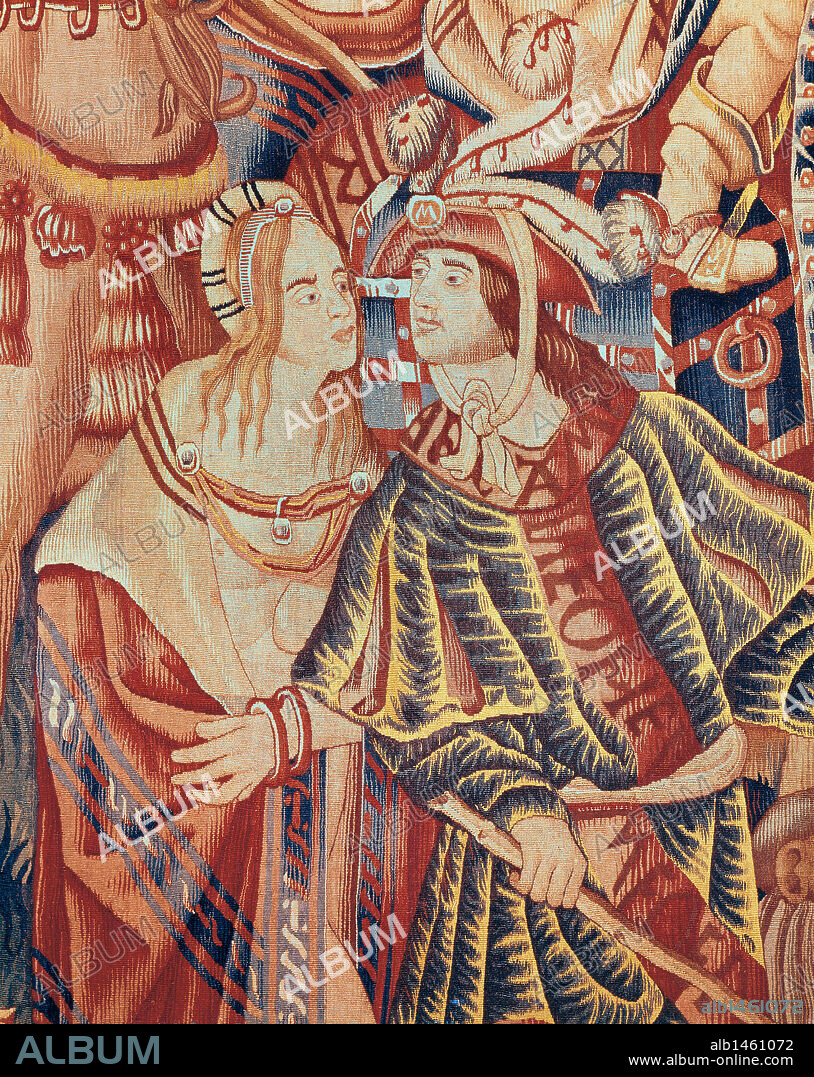 CONQUISTA DE AMERICA. PORTUGAL. "Detalle de un PORTUGUES Y UNA INDIGENA INDIA". Conjunto de tapices flamencos de Tournai. Fechados en el primer cuarto del siglo XVI, ilustrando la conquista de los portugueses de las Indias.