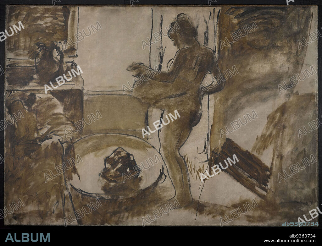 Nude Woman Drying Herself, Femme au Tub, Edgar Degas, French, 1834-1917, Oil on canvas, France, ca. 1884-1886, 59 3/8 x 84 1/8 in., 150.8 x 213.7 cm, 19th Century, 19thC, ablutions, Bath, bather, bathing, bathtub, buttocks, contre-jour, degas, european, female figure, female nude, Figure, frame, french, Friend, Impressionism, interior, Monochromatic, monochrome, naked, nude, oil, painting, passe-partout, pitcher, sketch, sketchy, toilette, towel, tub, woman.