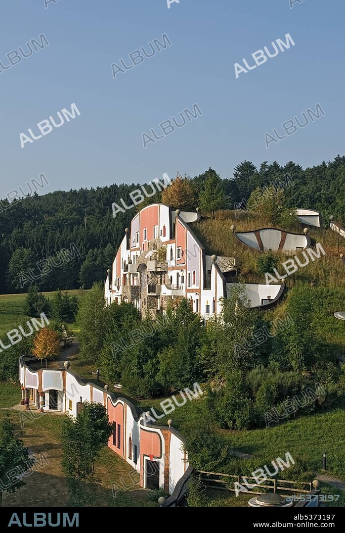 Grass roof of Steinhaus, Stone House of the Rogner Bad Blumau hotel complex, designed by architect Friedensreich Hundertwasser, in spa town Bad Blumau, Styria, Austria, Europe.