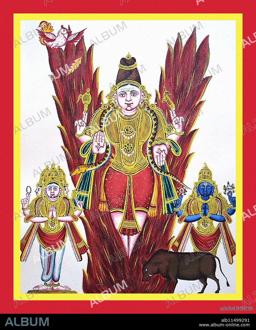 UNKNOWN. Shiva emerging from a pillar of fire having split it apart. In his upper right hand is the parashu (axe), in his upper left the mriga (gazelle), his lower right hand is in abhaya and his lower left in varada mudra. A short lower garment covers his thighs while his calves are engulfed by tongues of fire. On Shiva’s right  stands the three-headed and four-armed Brahma, and to his left is the four-armed Vishnu. Brahma carries in his upper hands the mala (string of beads) and the kamandalu (water vessel) and his lower hands are in anjali mudra; Vishnu carries in his upper hands the chakra (discus) and the shankha (conch), with his lower hands in anjali mudra. At the bottom right corner of the page is a boar. At the top left corner is the hamsa (goose), and a petal or leaf floats in the air.