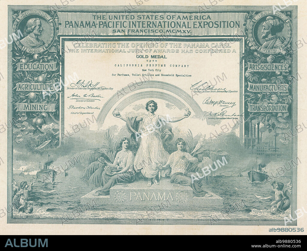 Gold Medal Certificate for the California Perfume Company from the Panama-Pacific International Exposition, San Francisco, 1915. Allegorical figures of women in laurel wreaths making rainbows, holding a distaff or bowl of fruit, steamers sailing on the ocean, putti riding on dolphins. Chromolithograph by an unknown artist from the California Perfume Company (later Avon) product catalog, New York, Kansas, Montreal, 1927.