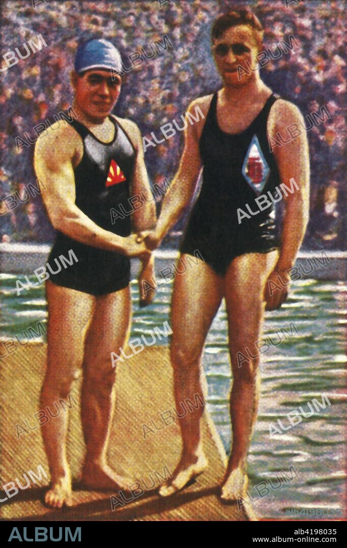 Yoshiyuki Tsuruta and Erich Rademacher, 1928. Japanese swimmer Yoshiyuki Tsuruta (1903-1986) shakes hands with his German rival Erich Rademacher (1901-1979). Tsuruta won gold medal in the men's 200m breaststroke, and Rademacher won silver in the same event at the 1928 Summer Olympics, held in Amsterdam. Rademacher was a member of the German team that won the gold medal for water polo. From "Die Welt in Bildern", (The World in Pictures), cigarette card album, c1928. [Georg A Jasmatzi, A.-G., Dresden, Germany].