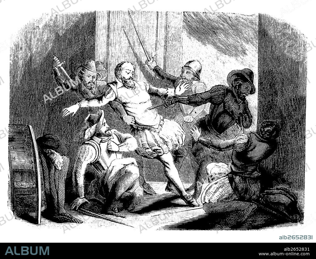 España. Muerte de Francisco Pizarro (1478-1541) en Lima. Grabado de 1854.