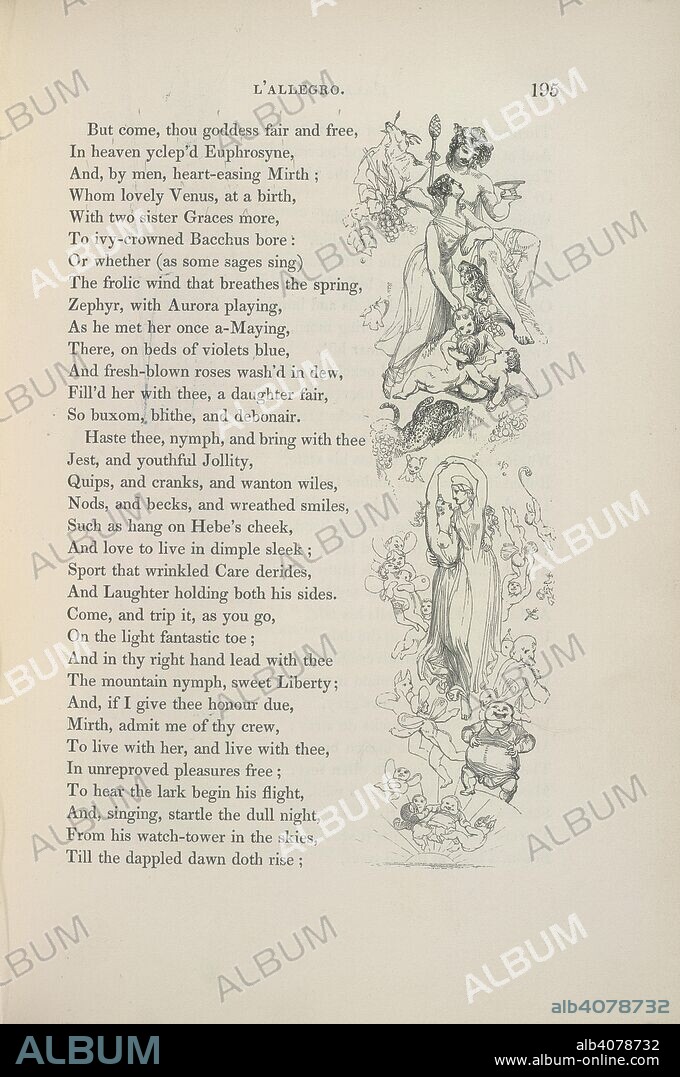 L'Allegro. A poem. The Poetical Works of John Milton, with a memoir, , and critical remarks on his genius and writings, by James Montgomery and one hundred and twenty engravings from drawings by W. Harvey. Tilt and Bogue: London, 1843. Source: C.70.c.8 volume 2, 195. Language: English.