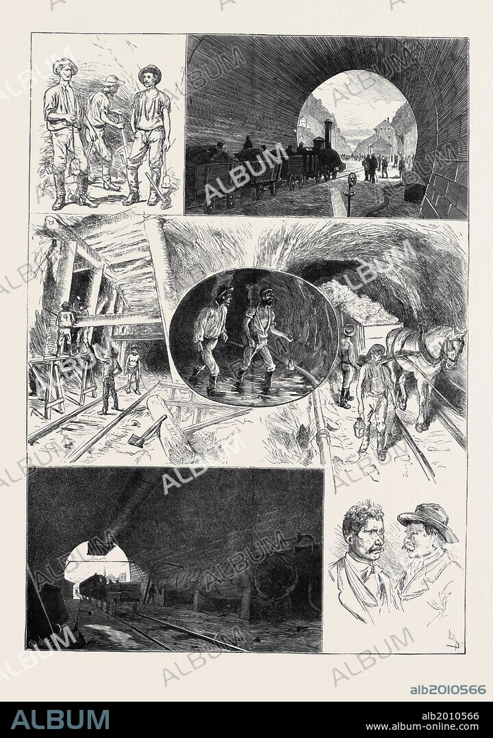 IN THE ST. GOTHARD TUNNEL: The upper Illustration, a view of the tunnel's mouth, is taken at GÃ¶schenen, the north end. A view of the south end, at Airolo, is given at the bottom of this page. Groups of workmen, variously employed, and the portraits of Neccaraviglia and Chisso, who perforated and blasted the last hole, from opposite sides, are represented in the other Sketches., 1880.