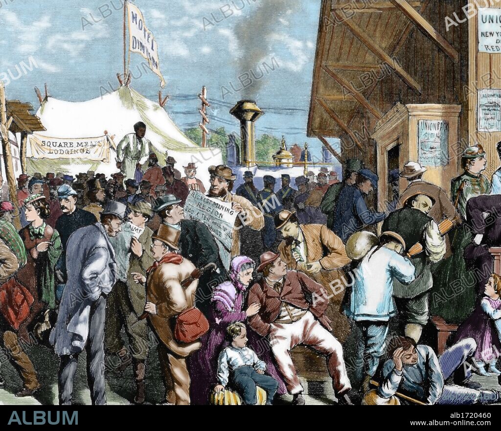 HISTORIA DE LOS ESTADOS UNIDOS. S. XIX. "ESTACION DE FERROCARRIL DE LA COMPAÑIA UNION PACIFIC" (año 1869). Indios, soldados, familias de emigrantes europeas utilizaban este medio de transporte para desplazarse a sus nuevos hogares. Grabado que se publicó en el periódico "Frank Leslie's" en el año 1869. Coloreado.