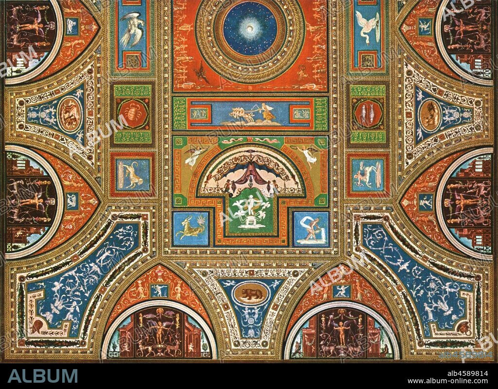 Decoration in the Borgia Apartments, Apostolic Palace, the Vatican, Rome, Italy, (1928). Zodiac symbols: 'About 1520-1527...Ceiling-painting in the "Sala detta dei santi Pontefici" [Hall of the Pontiffs]. After a water-colour by Bonk (c1845). Plate LXXXVI, fig 176, from "An Encyclopaedia of Colour Decoration from the Earliest Times to the Middle of the XIXth Century" with explanatory text by Helmuth Bossert. [Ernst Wasmuth Ltd., Berlin, 1928].