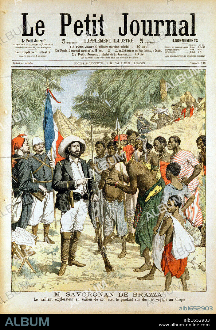 Pierre-Paul-Francois-Camille Savorgnan de Brazza (1852-1905) on his last journey in the Congo. French explorer, founder of Brazzaville. From Le Petit Journal Paris, March 1905.