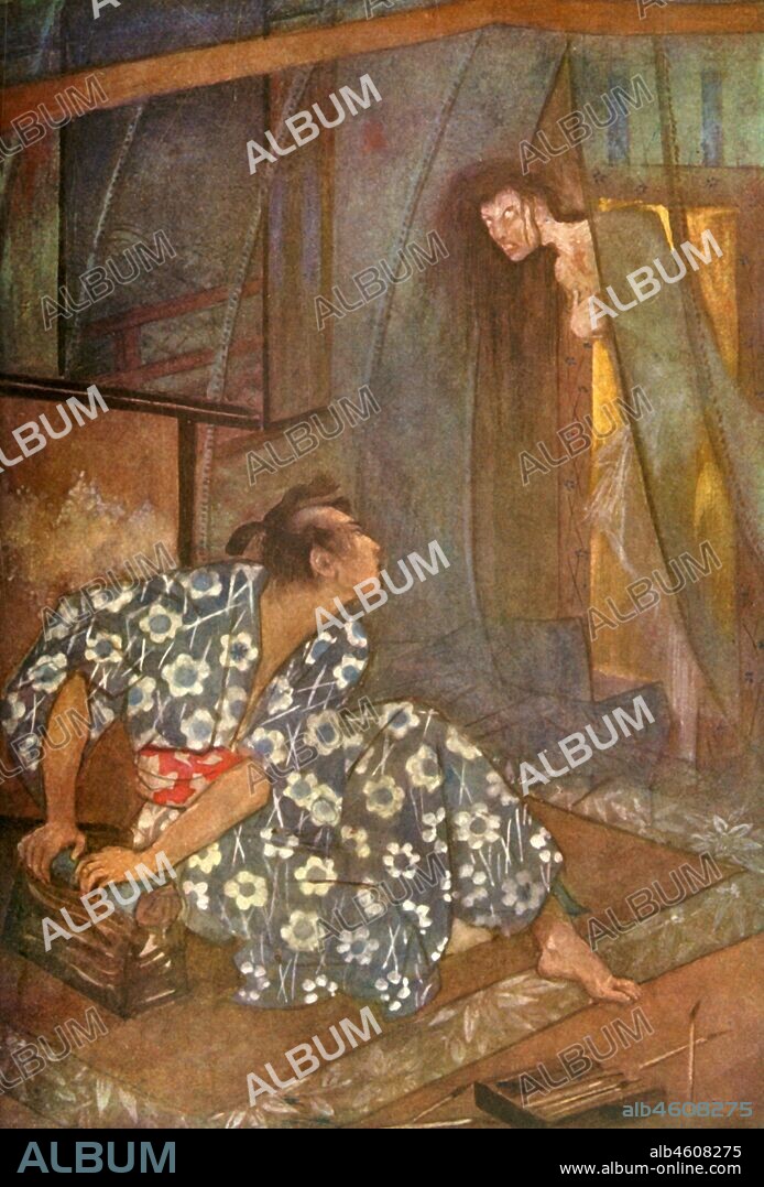 EVELYN PAUL. 'A Kakemono Ghost', 1912. Sawara  the painter makes a Kakemono scroll of his betrothed O Kimi and after her death, is haunted by her. From "Myths & Legends of Japan", by F. Harland Davis. [George G. Harrap & Company, London, 1912].