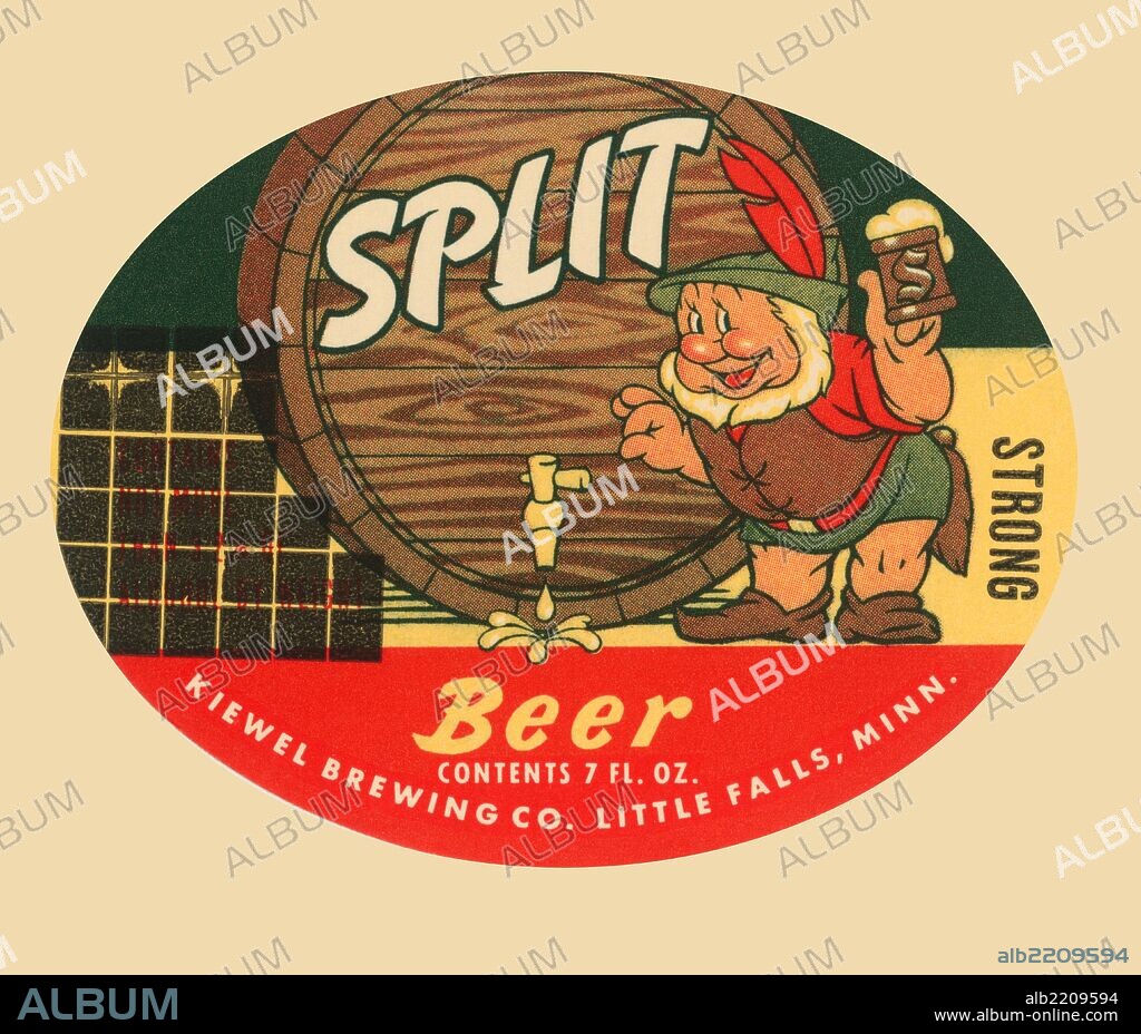 This is a label for Split beer from the Kiewel Brewing company of Little Falls, Minnesota.  The cartoon image of a dwarf and a tapped keg are very similar to Disney's drawings.