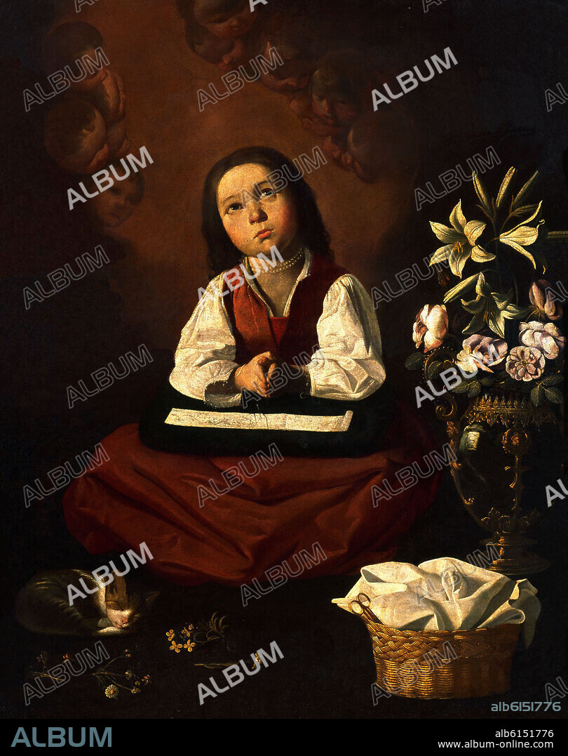 FRANCISCO DE ZURBARAN. LA VIRGEN NIÑA REZANDO RODEADA DE QUERUBINES.