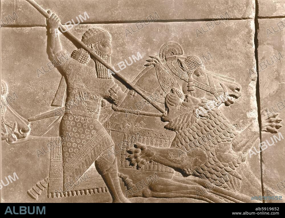 Stone relief from the Palace of Ashurbanipal. Detail from the hunt of lions with the King mounted. Country of Origin: Ancient Middle East. Culture: Assyrian. Date / Period: Late Assyrian 668 - 627 BC. Place of Origin: Nineveh, Assyria, Ancient Iraq.