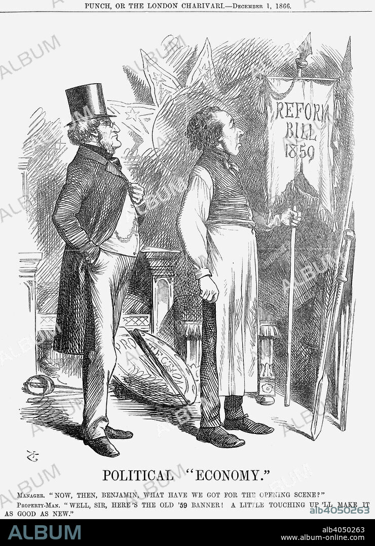 'Political Economy', 1866. Disraeli has dragged out of the 'Props Cupboard' his old banner which had last seen the light of day some seven years previously. The previous Liberal government had been brought down by the attacks on its reform plans by both MPs from its own party, and by the continuous attacks on its proposals by Disraeli. Now Lord Derby and Disraeli were back in power for the first time since 1859 when they had fallen from power whilst pursuing the same cause of parliamentary reform. Derby and Disraeli now believed that they could only retain parliamentary authority by taking over the banner of parliamentary reform again, a decision based on a general House of Commons agreement that, in principle, the cause of reform should be furthered by giving the previous Liberal government's proposals a second reading. From Punch, or the London Charivari, December 1, 1866.