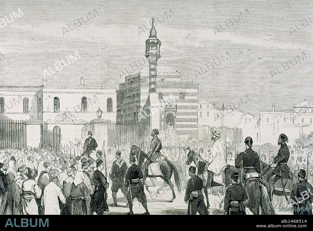 EDHEM BAJA (1851-1909). General turco. Comandante general del ejército en la guerra greco-turca de 1897. "LLEGADA DEL NUEVO GRAN VISIR EDHEM PACHA A LA SUBLIME PUERTA DE CONSTANTINOPLA" (1877). Grabado.