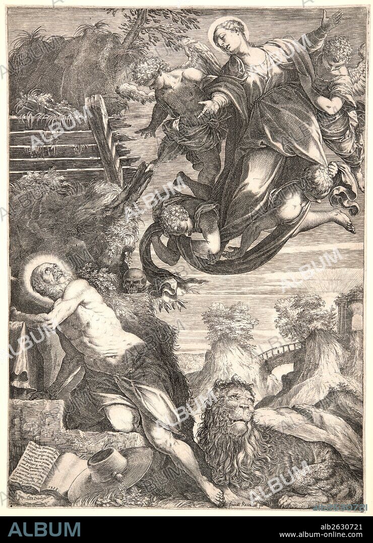 Agostino Carracci (Italian, 1557-1602) after Jacopo Tintoretto (Italian (Venetian), 1519 - 1594). The Virgin Appearing to St. Jerome, 1588. Etching and engraving. Plate: 420 mm x 299 mm (16.54 in. x 11.77 in.). Third of four states.