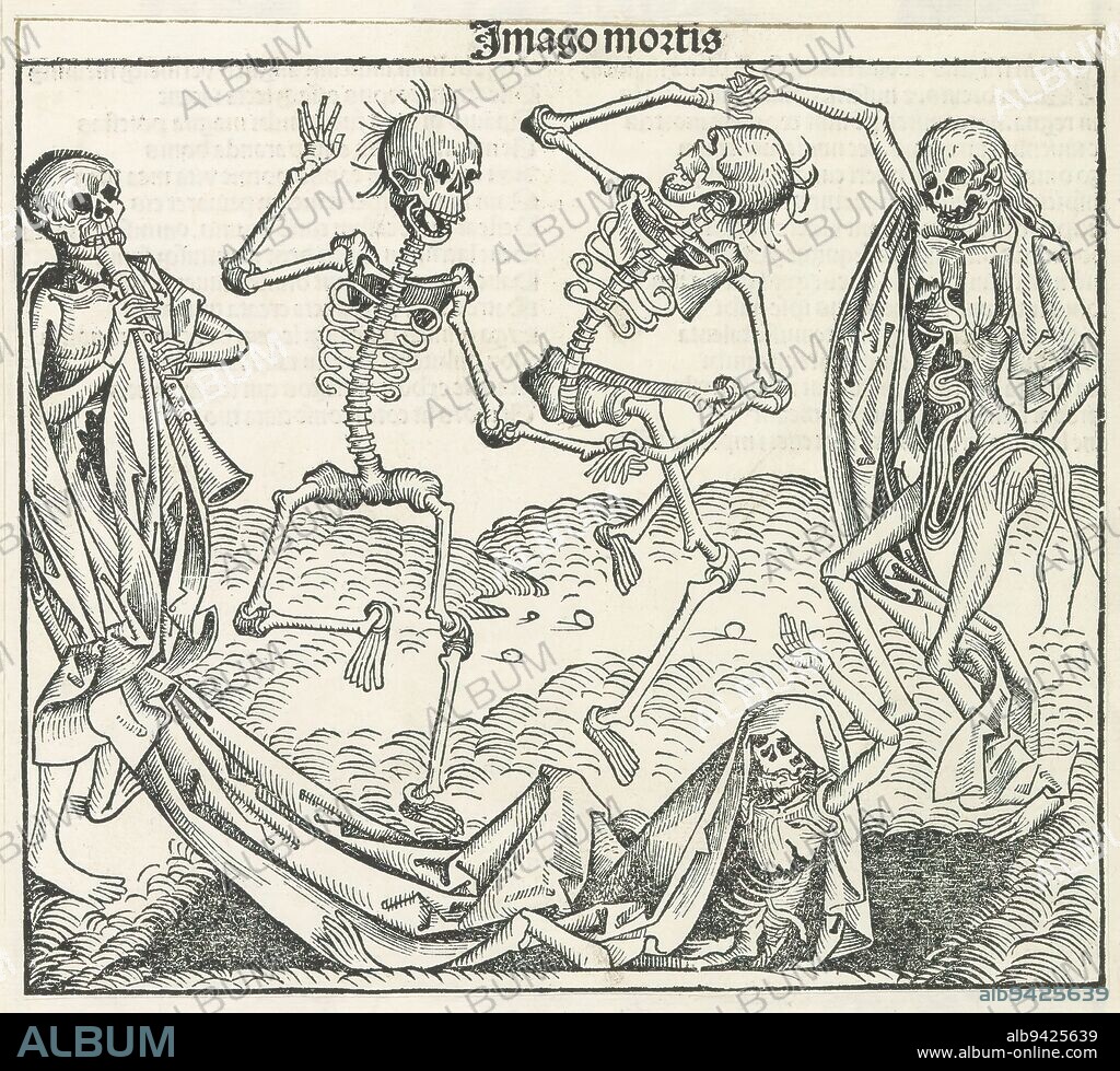 Dancing skeletons, Imago mortis (title on object), Liber Chronicarum (series title), Five dancing and music-making skeletons in a landscape. Accompanying this is a ten-line text in Latin. The print is part of an album., print maker: Michel Wolgemut, (workshop of), print maker: Wilhelm Pleydenwurff, (workshop of), Neurenberg, 1493, paper, letterpress printing, height 201 mm × width 225 mm.