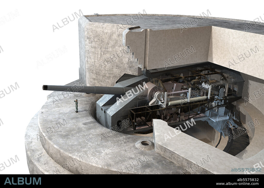 Open view of a German bunker with an artillery turret and one 38 cm SK C/34 naval gun.