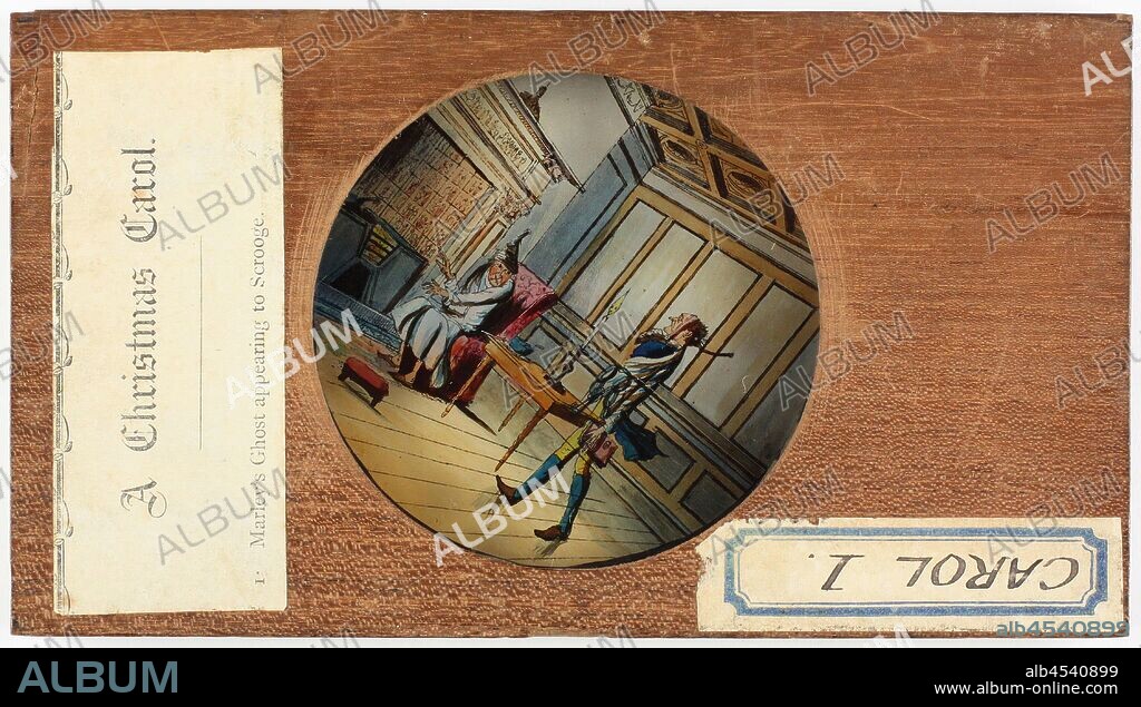 Lantern Slide - A Christmas Carol, 'Marley's Ghost Appearing to Scrooge', 1843-1880, Number 1 in a set of twelve slides in the series 'A Christmas Carol'. 'A Christmas Carol' is a novella by English author Charles Dickens. It was first published by Chapman and Hall on 19 December 1843. The story tells of sour and stingy Ebenezer Scrooge's ideological, ethical, and emotional transformation after the supernatural visitations of Jacob Marley and the Ghosts of Christmas Past,.