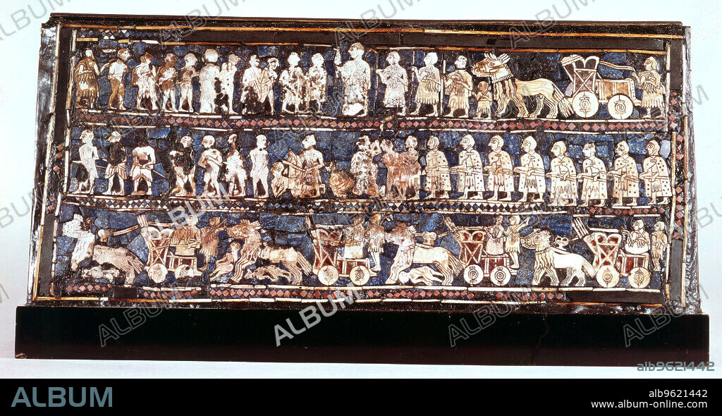 Standard of Ur, the war side, from the Royal Cemetery at Ur, Sumerian, c2500 BC. Made from lapis lazuli, mother-of-pearl, shell and coloured stone mosaic, it depicts the Sumerian army, including infantry and chariots. From the British Museum.