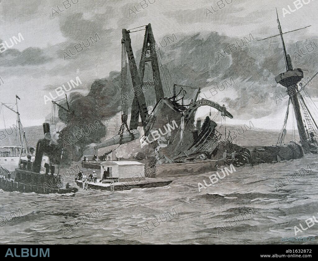 Aspecto del acorazado estadounidense "MAINE" tras la explosión acaecida el 15 de febrero de 1898 en el puerto de La Habana. El hecho, ocurrido durante la Guerra de Independencia cubana, sirvió de pretexto a los EE. UU. para declarar la guerra a España. La Ilustración Española y Americana, 1898.