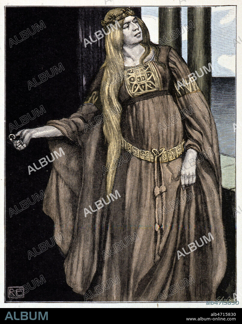 Iseut lance le grelot du chien que Tristan lui a envoye en present. Illustration par Robert ENGELS (1866-1926) pour le Roman de Tristan et Iseult, edition de 1939. Credit : Collection KHARBINE-TAPABOR.