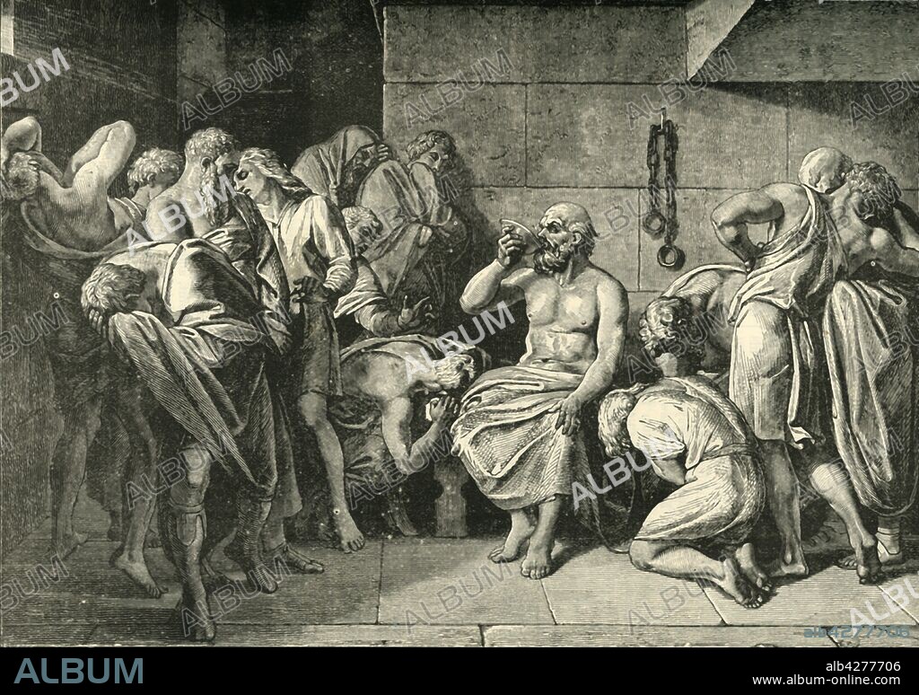 'Socrates Drinking the Hemlock', 1890. Socrates (c470-399 BC), the first moral philosopher, sentenced to death by drinking a cup of poison hemlock at his own hand.  From "Cassell's Illustrated Universal History, Vol. I - Early and Greek History", by Edmund Ollier. [Cassell and Company, Limited, London, Paris and Melbourne, 1890].
