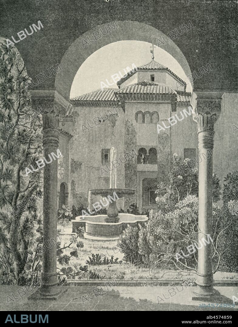 'The Garden of "Lindaraja".', 19th century, (1907). Fountain and overgrown plants in the Court of the Lindaraja, palace of the Alhambra, Granada, Spain, which mainly dates from the 14th century. From "The Alhambra: being a brief record of the Arabian conquest of the Peninsula with a particular account of the Mohammedan architecture and decoration" by Albert F. Calvert. [John Lane, London & New York, 1907].