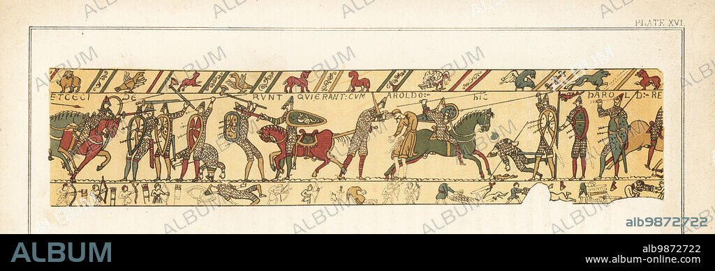 King Harold takes an arrow to the eye, and the Norman soldiers and cavalry rout the Saxon army at the close of the Battle of Hastings. Chromolithograph by William Mossman after an illustration by Charles Stothard made for the Society of Antiquaries in Rev. John Collingwood Bruces The Bayeux Tapestry Elucidated, John Russell Smith, London, 1856.