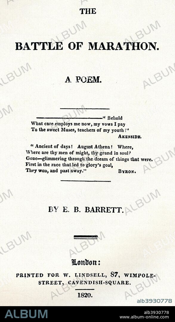'The Battle of Marathon. A Poem', 1820. The Battle of Marathon by Elizabeth Barrett Browning (1806-1861). Printed for W Lindsell, 87 Wimpole street, Cavendish Square. From The Connoisseur Volume XXIV. [The Connoisseur Ltd., London, 1909].