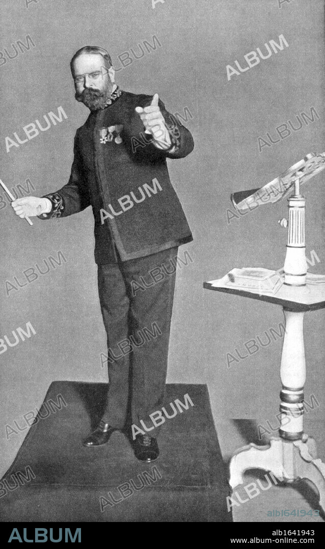 John Philip Sousa (1854 - 1932) American march composer and bandmaster, conducting his 'Washington Post". Picture published London 1903. Halftone.
