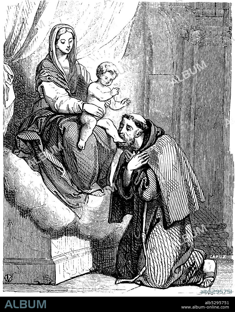 San Félix de Cantalicio (1513-1587), religioso de la Orden de los Hermanos Menores Capuchinos.  Grabado de 1852.