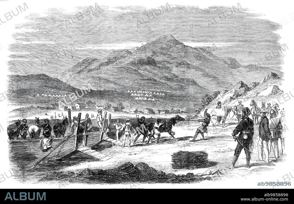 Landing of Sikh horses at Odin Bay, Talien-Wan - from a sketch by our special artist in China, 1860. 'Our Artist writes: [July 23]: "I am writing under difficulties. Myriads of flies are not conducive to serenity of mind, especially combined with a roasting heat, glare, and dust. We are off the day after to-morrow. We only this morning heard that the mail was to start to-morrow morning, instead of on the 28th...For the last few days the troops have been embarking, and now the bustle at the landing-place presents a melancholy contrast to the scene of yesterday, when it was crowded with every variety of the genus soldier from the grey dawn till late at night...Two dead artillerymen were being borne to their last resting-place on the shoulders of their comrades, which contrasted painfully with the excitement around - Sikhs of Probyn's Horse, graceful and picturesque officers of ditto; natives, coolies, kitmujars, and the paraphernalia of Indian campaigning; soldiers and sailors; ships, gun-boats, and little boats; donkeys, mules, and horses. It was a splendid sunset".' From "Illustrated London News", 1860.