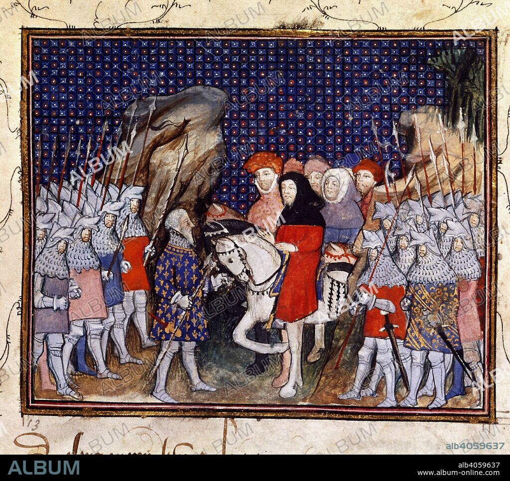 JEAN CRETON and THE VIRGIL MASTER. (Miniature) King Richard II meets the Earl of Northumberland at Conway and offers to resign the crown. La Prinse et mort du roy Richart (Book of the Capture and Death of King Richard II). France, 1401-1405. Source: Harley 1319, f.44. Language: French, Secretary hand.