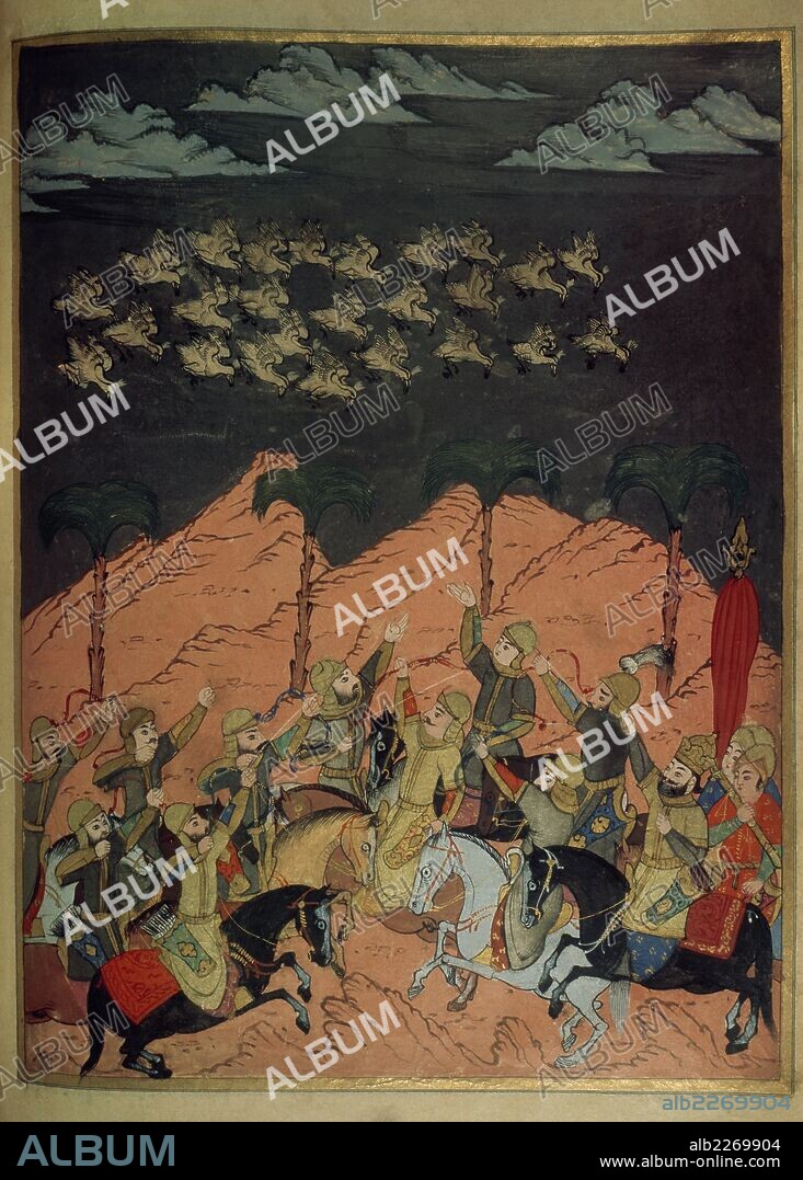 When Abrahah's forces neared the Kaaba, Allah commanded birds to destroy Yemenis' army, raining down pebbles on it from their beaks. Abrahah retreated towards Yemen. Persian miniature. Topkapi Museum. Istanbul, Turkey.