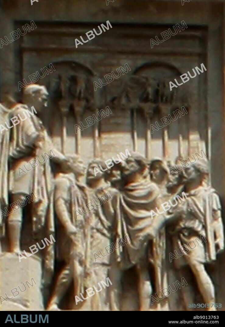 Relief detail from The Arch of Constantine, a triumphal, or victory arch in Rome. It is positioned between the Collosseum and the Palatine Hill. It commemorates Emperor Constantine's victory in the Battle of Milvian Bridge in the early 4th century AD. It was dedicated in 315 AD and features reliefs/friezes documenting previous Emperors and victory figures.