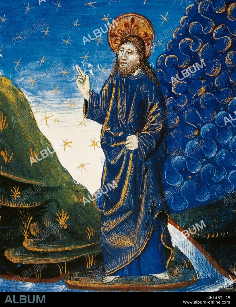 The creation of the world. Christ separates the waters of heaven. Miniature belonging to the fifteenth century book 'Les Fleurs des Histoires'. Chantilly Castle. France.