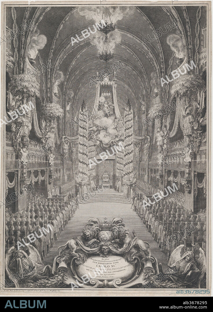 Catafalque of Charles XI, King of Sweden, Riddarholm Church, Stockholm. Artist: Sébastien Leclerc I (French, Metz 1637-1714 Paris); After Nicodemus Tessin, the Younger (Stockholm, 1654-1728). Dimensions: Sheet (Trimmed): 18 in. × 12 7/8 in. (45.7 × 32.7 cm). Date: 1700.
View of Riddarholm church decorated for the funeral of Charles XI, King of Sweden. Catafalque surmounted by the allegory of Eternity and surrounded by four pillars of light. At lower center, two winged skeletons flank a cartouche with the coat of arms of Sweden.