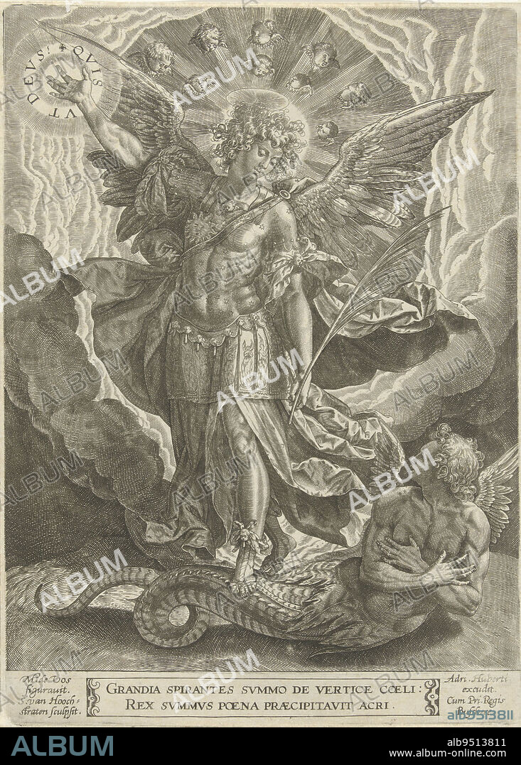 The archangel Michael in armor tramples Satan, in his half-human form and as a serpent, and points to a wreath of light with the spell: Qvis vt deus. Beneath the scene a two-line verse in Latin, Archangel Michael tramples Satan in arms., print maker: Samuel van Hoogstraten, (mentioned on object), Maerten de Vos, (mentioned on object), publisher: A. Huberti, (mentioned on object), 1575, paper, engraving, h 284 mm × w 203 mm.