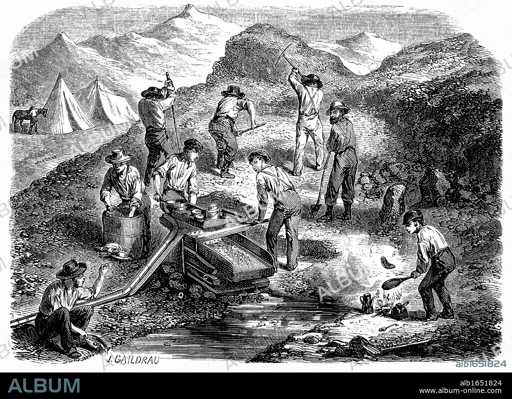 Miners washing for gold using a cradle in the: Californian gold fields. Wood engraving published Paris, 1849, the year of the Californian Gold Rush.