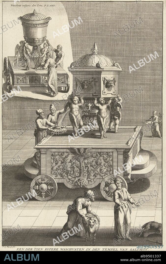 Brass laver or rinsing basin from the temple of Solomon for cleaning sacrifices and vessels, Brass laver or rinsing basin from the temple of Solomon One of ten copper laver barrels in the temple of Solomon , print maker: François van Bleyswijck, (mentioned on object), Leiden, 1681 - 1746, paper, etching, engraving, h 323 mm × w 208 mm.