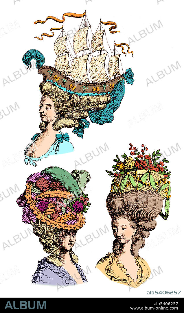 The heads and shoulders of three women wearing elaborate wigs.  In the mid-to-late 18th century, large, elaborate and often themed wigs were in vogue for women. These combed-up hair extensions -- the target of satirical illustrations -- were often very heavy, weighed down with pomades, powders, and other ornamentation.