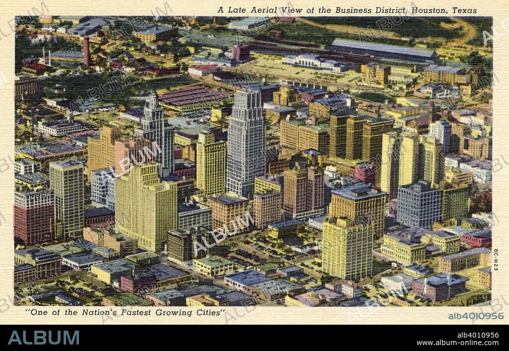 Aerial view of the business district, Houston, Texas, USA, 1950. Vintage postcard, describing Houston as one of the nation's fastest growing cities. The 1950s saw the city grow rapidly as its economy, previously based on its port, began to switch over to the energy sector. The availability of domestic air conditioning provided an impetus for companies to relocate to Houston where they would previously have been deterred by its hot, humid climate.