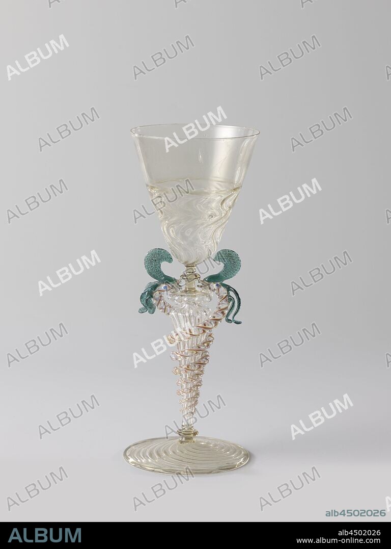 Goblet with winged stem, Flat base with blown, twisted ribs. Hollow, baluster-shaped trunk with vertical ribs, above which a hollow disk with a wreath of bulbs. Two twisted bars of colorless glass with a white, red and yellow garland, ending in blue combs, wound around the trunk. Funnel-shaped, partly blown-relief, smooth flared chalice., Mary standing (or half-length), the Christ-child sitting on her arm (Christ-child to Mary's left), vine tendril, leaf, Barneveld, C.H.F. Müller, Hamburg, c. 1880, glass, glassblowing, h 22.6 cm × d 8.7 cm.