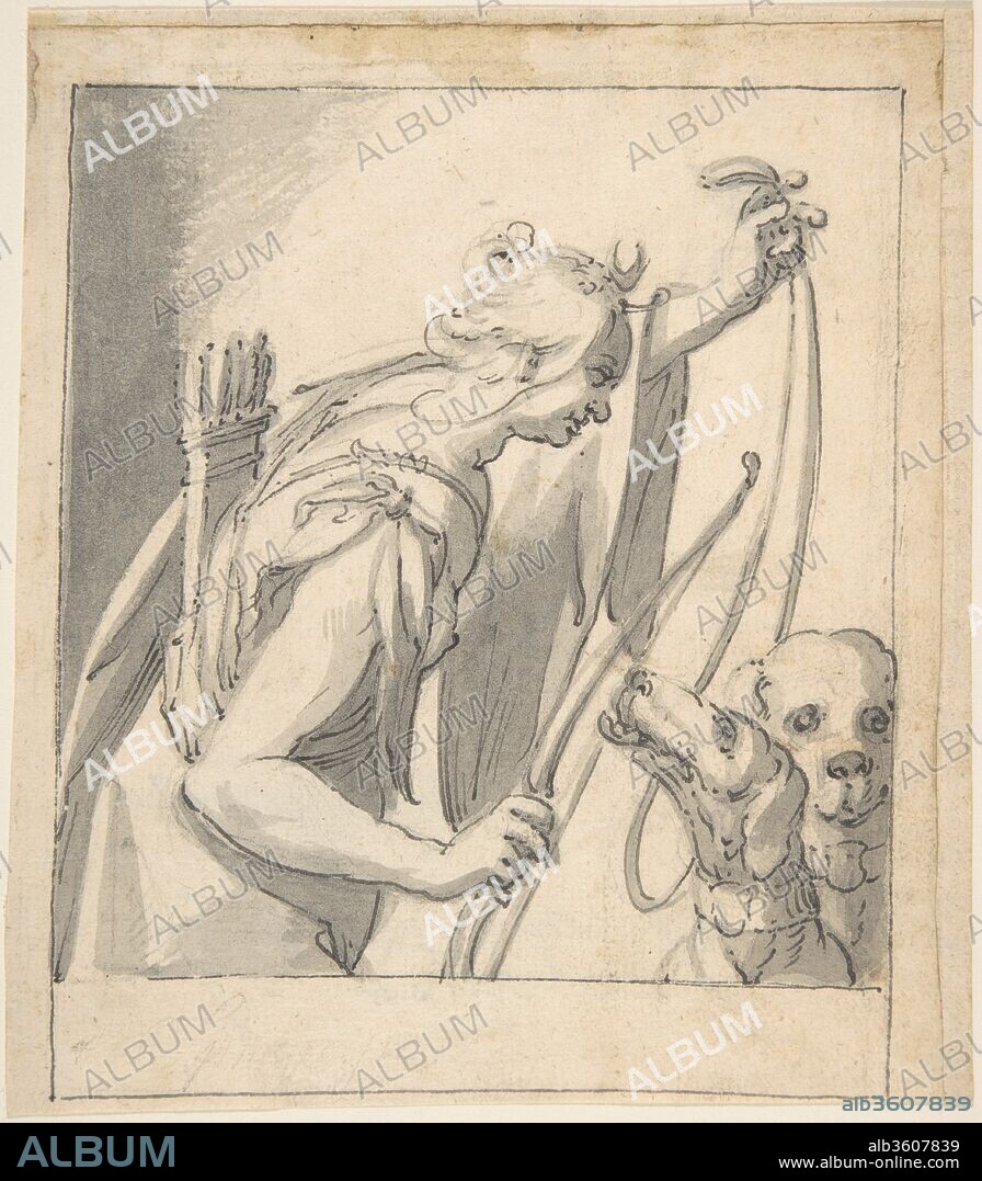 Diana with Two Dogs. Artist: Anonymous, German, 17th century. Dimensions: Overall: 6 5/16 x 5 1/4in. (16 x 13.3cm). Former Attribution: Formerly attributed to Georges Lallemand (French, Nancy ca. 1580-1636 Paris).