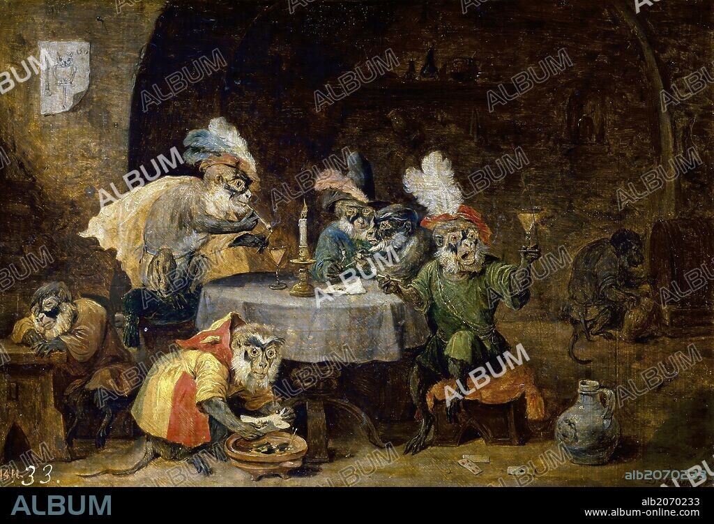 DAVID TENIERS EL JOVEN. David Teniers / 'Monos fumadores y bebedores', Siglo XVII, Escuela Flamenca, Óleo sobre Tabla, 21 cm x 30 cm, P01809.