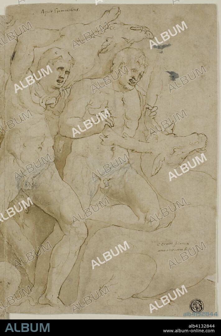 Ancient Sarcophagus Relief with the Labors of Hercules. Attributed to Girolamo Sellari, called Girolamo da Carpi; Italian, 1501-1556. Date: 1521-1556. Dimensions: 230 x 320 mm. Pen and brown ink with brush and brown wash, and traces of black chalk, on buff laid paper, pieced at center. Origin: Italy.