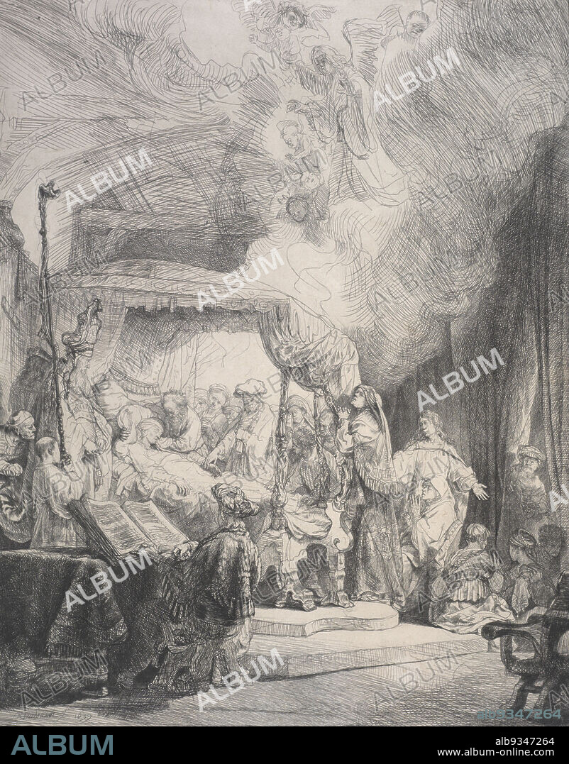 The death of the Virgin., Rembrandt van Rijn, artist, 1639, Netherlands, etching, During his lifetime, Rembrandt's extraordinary skills as a printmaker were the main source of his international fame. Unlike his oil paintings, prints travelled light and were relatively cheap. For this reason, they soon became very popular with collectors not only within, but also beyond the borders of the Netherlands. It also explains why, two or three centuries later, they were affordable for Bishop Ditlev Monrad and Wellington collector Sir John Ilott, both of them benefactors to the forerunners of Te Papa. We have two impressions of this famous print by Rembrandt: one was gifted to the Colonial Museum by Monrad in 1869 (1869-0001-411) and this superior example was gifted to the National Art Gallery by Ilott.