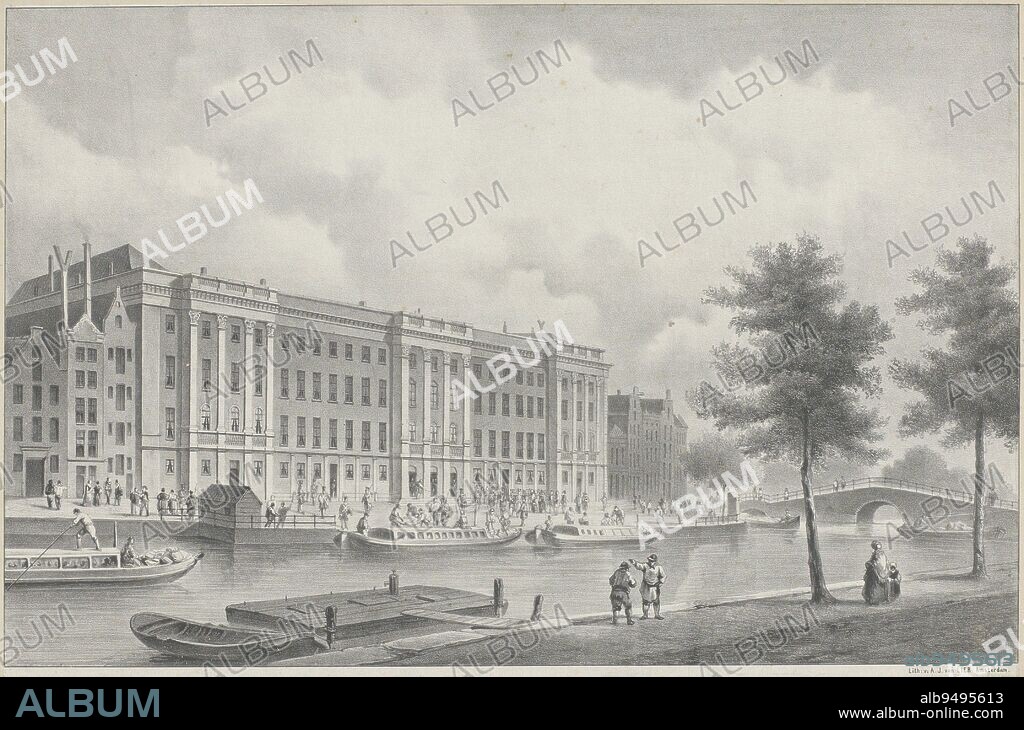 View of the Palace of Justice on the Prinsengracht in Amsterdam, to which the wounded from the Ten-Day Campaign are being transferred from the hospital in Utrecht, September 1831. Two barges used to transport the wounded are moored at the quay, View of the Palace of Justice to which the wounded from the Ten Day March were taken, 1831. Transfer of wounded and ill members of the militia, to the sick rooms in the Palace of Justice in Amsterdam, from the hospital in Utrecht, shortly after the Ten Day March , print maker: anonymous, printer: A.J. van Lier, (mentioned on object), print maker: Netherlands, printer: Amsterdam, Jan-1865 - Feb-1865.