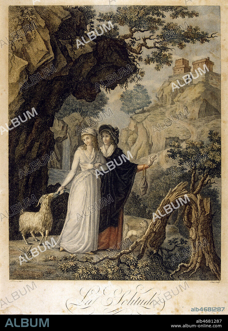 LA SOLITUDE, deux femmes se promenant, gravure coloriee par CANU, epoque DIRECTOIRE, allegorie sur la Mort de LOUIS XVII, arbre brise sur la droite. Credit JEAN VIGNE/KHARBINE TAPABOR.
